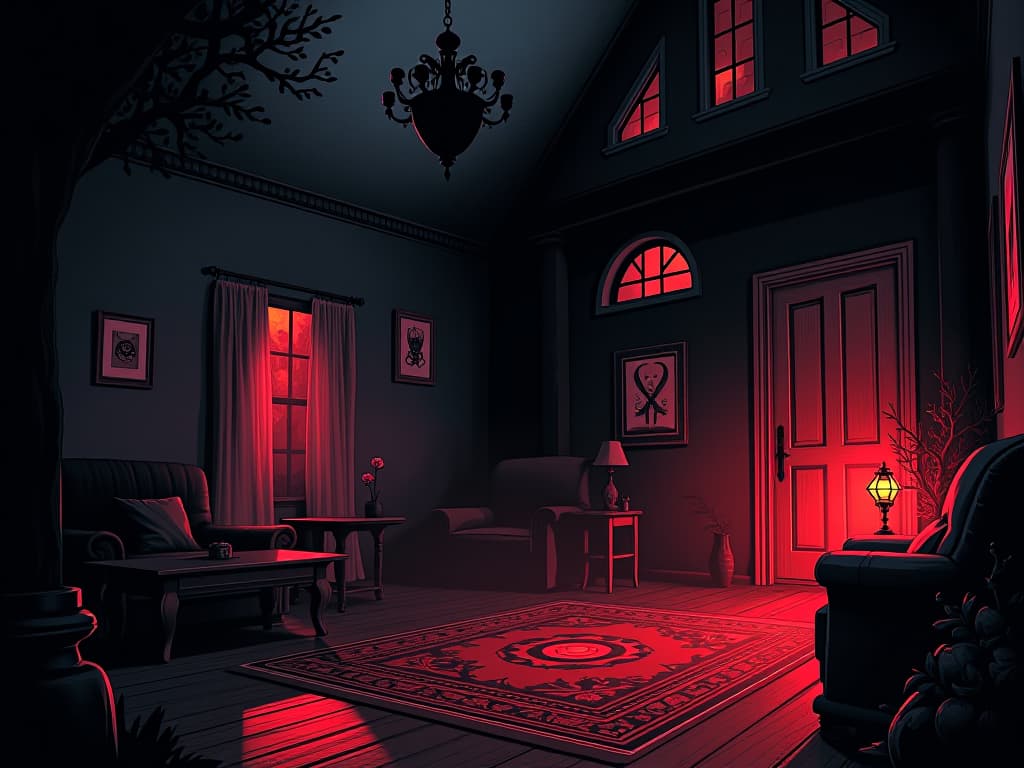  home filled with unease, shadows lurking, peace disrupted, sense of spiritual dissonance. the style is digital art illustration / modern comic book / graphic dark novel fantasy and mysterious occult, symbolic, moody lighting, esoteric vibe,high detail on character design. for the color scheme emphasize blacks and reds.