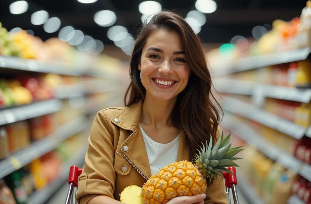  smiling spanish woman in supermarket, a pinapple in her shopping trolley cart, full body shot, supermarket background, ar 3:2, (natural skin texture), highly detailed face, depth of field, hyperrealism, soft light, muted colors