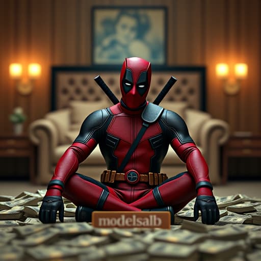  award winning photography, comic book character deadpool, sitting on an enormous pile of cash in a mansion,sign in front reads (modelsalb), 35mm photograph, film, bokeh, professional, 4k, highly detailed. embedding:ezrealponyxl, 8k hyperrealistic, full body, detailed clothing, highly detailed, cinematic lighting, stunningly beautiful, intricate, sharp focus, f/1. 8, 85mm, (centered image composition), (professionally color graded), ((bright soft diffused light)), volumetric fog, trending on instagram, trending on tumblr, HDR 4K, 8K