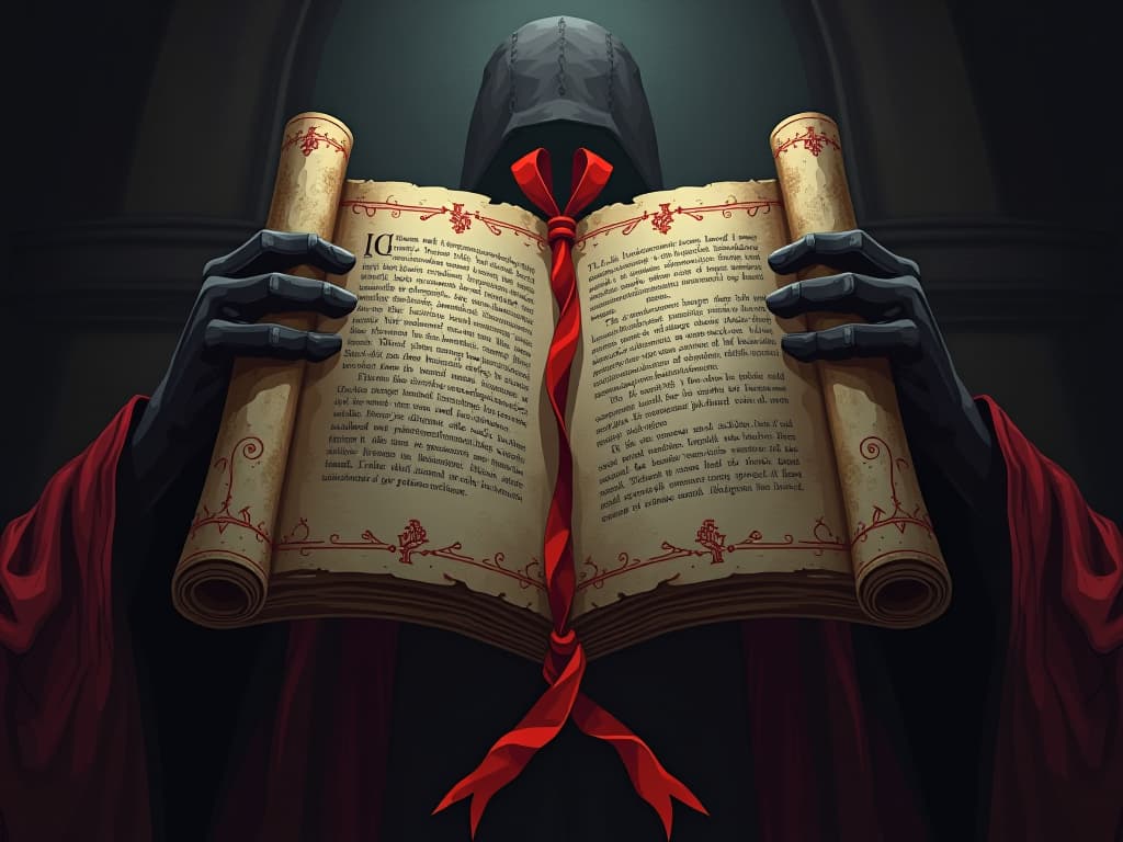  mysterious scroll bound with red silk, cryptic symbols, half opened, shadowy glow, sense of hidden strings attached. the style is digital art illustration / modern comic book / graphic dark novel fantasy and mysterious occult, symbolic, moody lighting, esoteric vibe,high detail on character design. for the color scheme emphasize blacks and reds.