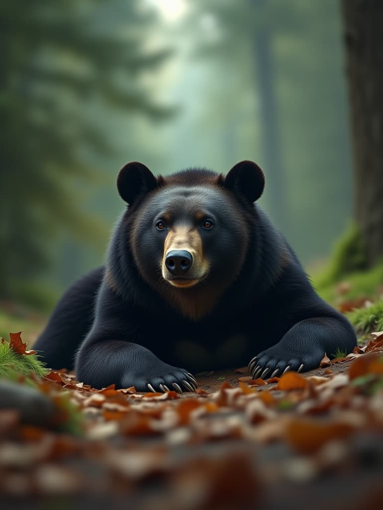  black bear lies on the ground, forest photo realistic, highly intricate and detailed, masterpiece, ultra high res,photography,8k resolution