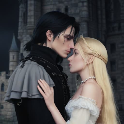 Man, woman, black hair, white skin, blonde woman, medieval dress, castle, gothic, hand on girls face, dark, sad emotions, animation, anime style