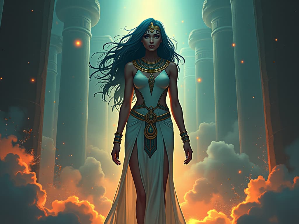  a figure enveloped in a symphony of light and dreams, vivid dreamscapes, large busted woman in a tight, ethereal gown. the style is digital art illustration / modern comic book / mysterious occult, symbolic, esoteric vibe,high detail on character design, incorporating ancient egyptian symbology and attire.