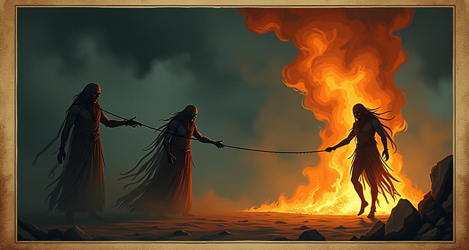  tethered malevolent spirits, engulfed by flames, bound to sorrowful shadows, dissipating into smoke, mystical. an illustration in the style of a worn, mystical old tarot trump card, mysterious and elements of surrealism. the colors are muted, somber and eerie, but with contrast bring out an occult and esoteric vibe.