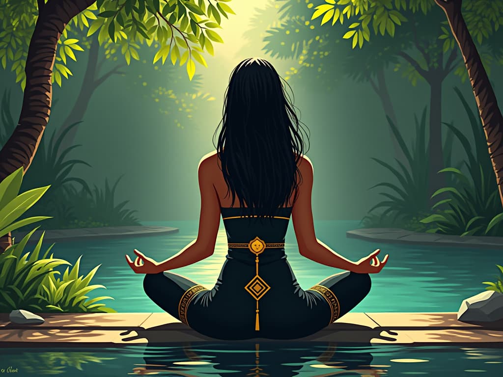  priestess in a lush garden, meditating beside a serene pond, her form fitting dress rippling in the breeze, reflective and aligning with intentions. the style is digital art illustration / modern comic book / mysterious occult, symbolic, esoteric vibe,high detail on character design, incorporating ancient egyptian symbology and attire.