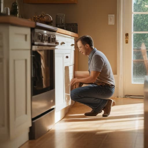 A photo of a skilled technician examining a dishwasher in a cozy kitchen during the late afternoon with warm, golden sunlight filtering through the window, casting soft shadows across the countertops.