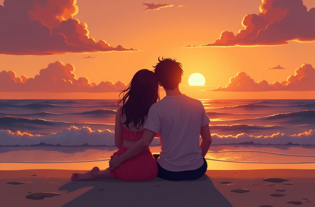  a girl and a guy are sitting hugging on the beach and watching the sunset ar 3:2 {prompt}, maximum details