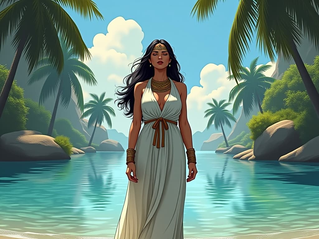  a tranquil oasis surrounded by palm trees, clear blue water reflecting the sky, a large busted priestess in a white linen dress standing on the shore, her eyes closed, exuding a palpable sense of peace. the style is digital art illustration / modern comic book / mysterious occult, symbolic, esoteric vibe,high detail on character design, incorporating ancient egyptian symbology and attire.