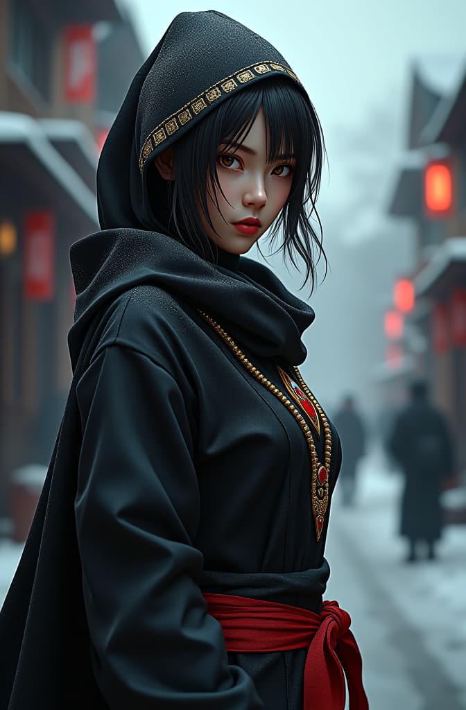  8k wallpaper of a mysterious beautiful kunoichi ninja wearing black, red, and gold jewelry in the streets of a dark snowy town in russia, by artgerm, intricate detail, trending on artstation, 8k, fluid motion, stunning shading, by wlop. hyperrealistic, full body, detailed clothing, highly detailed, cinematic lighting, stunningly beautiful, intricate, sharp focus, f/1. 8, 85mm, (centered image composition), (professionally color graded), ((bright soft diffused light)), volumetric fog, trending on instagram, trending on tumblr, HDR 4K, 8K