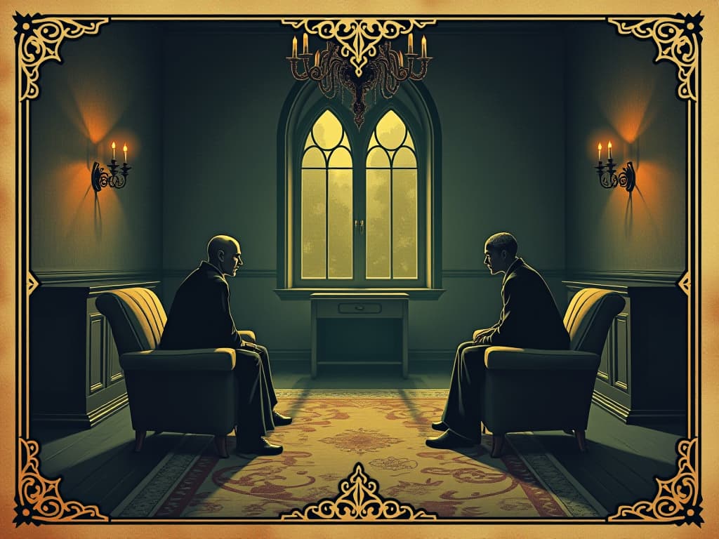  room where arguments easily spark, oppressive gloom, fleeting harmony, heavy tension. an illustration in the style of a worn, mystical old tarot trump card, mysterious and elements of surrealism. the colors are muted, somber and eerie, but with contrast bring out an occult and esoteric vibe.