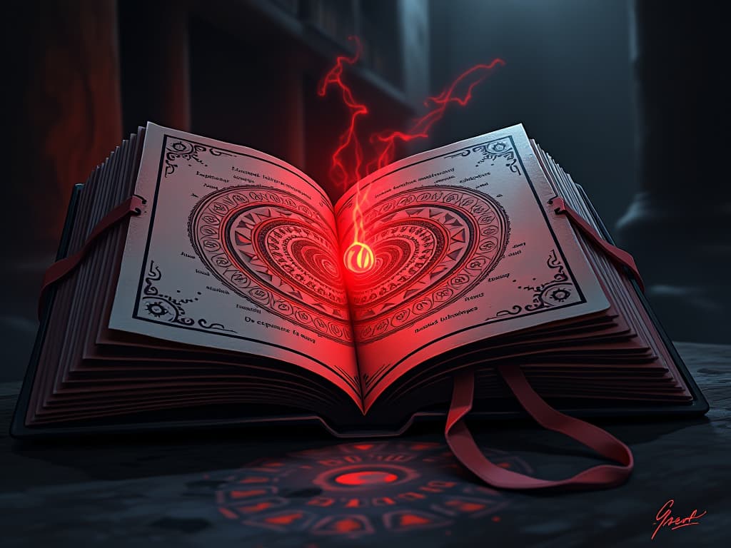  cursed ancient book, pages flipping by themselves, arcane symbols glowing, eerie atmosphere. the style is digital art illustration / modern comic book / graphic dark novel fantasy and mysterious occult, symbolic, moody lighting, esoteric vibe,high detail on character design. for the color scheme emphasize blacks and reds.