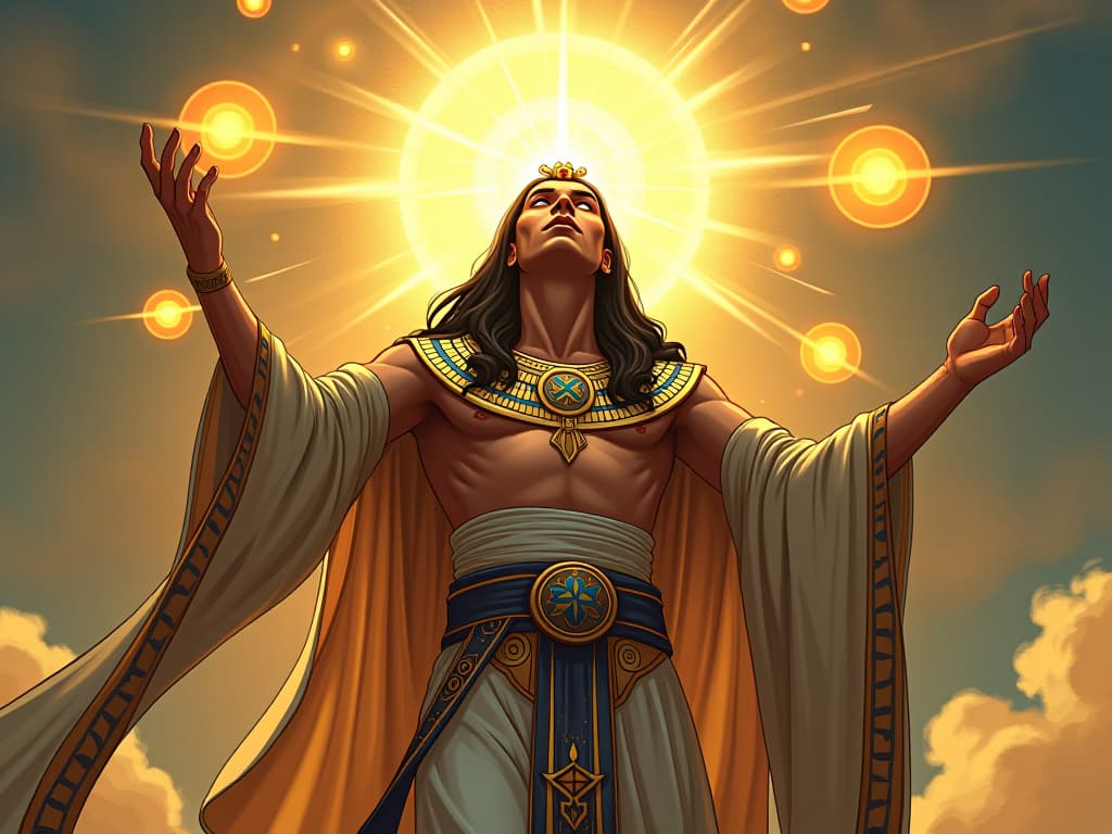  a radiant being, large busted and in form fitting robes, hands raised towards the sky, surrounded by glowing orbs, channeling energy that uplifts. the style is digital art illustration / modern comic book / mysterious occult, symbolic, esoteric vibe,high detail on character design, incorporating ancient egyptian symbology and attire.