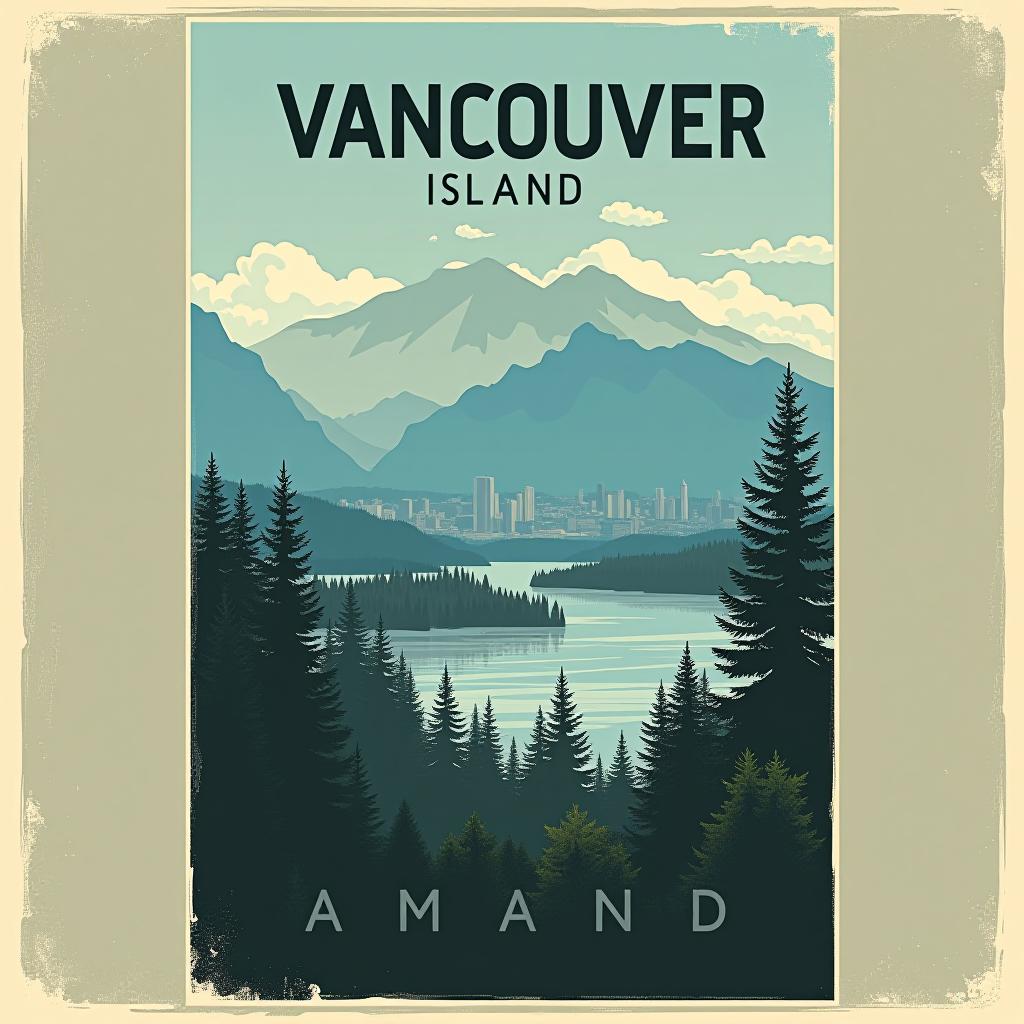  create an image of vancouver island, british columbia. present it in the style of a vintage parks poster. include text that says "vancouver island"