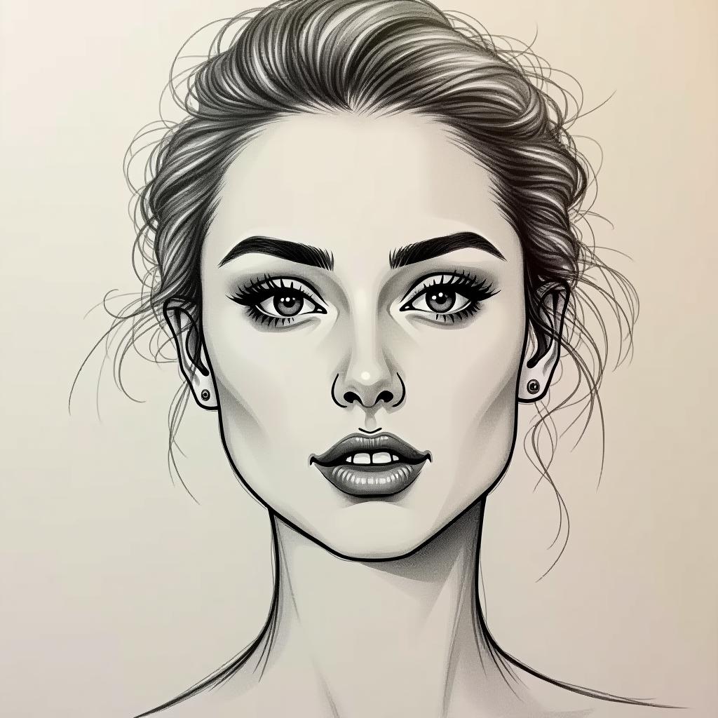  sketch of a woman's face, expressive line work, in the style of beautiful portraits, include the finest details, full face in view.