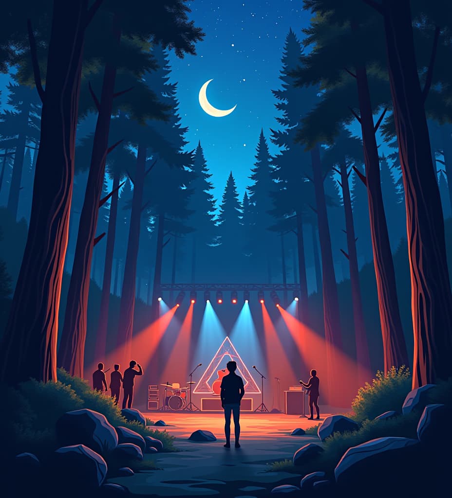  anime, anime sytle, anime image, cartoon, real cartoon, real anime, wonderer woods at night time with a rock music festival setup