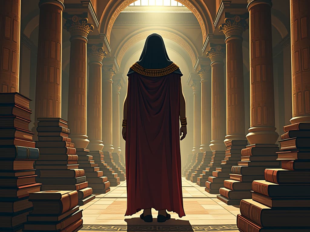  figure standing in an ornate hall, surrounded by ancient books, embodying depth of understanding and transcendent perception. the style is digital art illustration / modern comic book / mysterious occult, symbolic, esoteric vibe,high detail on character design, incorporating ancient egyptian symbology and attire.