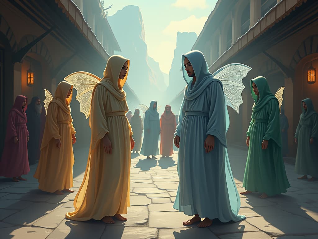  an ethereal marketplace, beings in flowing robes, subtle shifts in their demeanor. their confident aura waning, small signs of vulnerability. the atmosphere one of hidden turmoil beneath surface calm.. the style is digital art illustration,highly detailed, whimsical,magical, dreamlike atmosphere, realism and fantasy blend, smooth, glossy textures,luminous quality, wonder and enchantment.