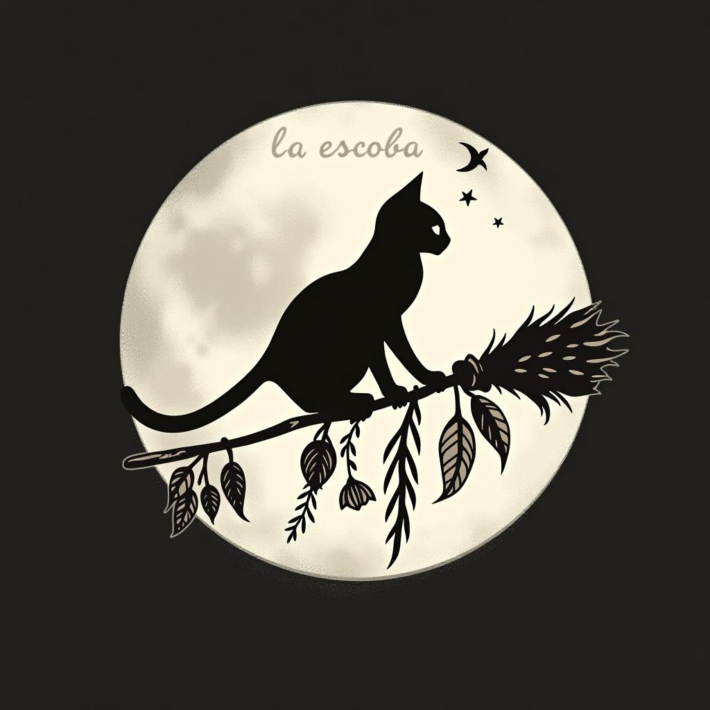  design a logo, in a minimalism style. witchy, moon, black cat silhouette riding on a broom, dried herbs hanging off broom, cottage core aesthetic, crystals,spells, with the text 'la escoba'.