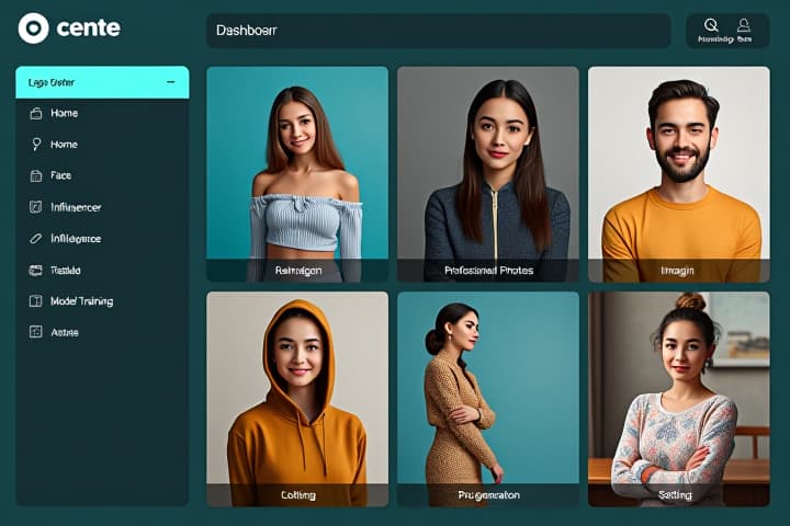  design a user interface for an ai brand influencer dashboard with the following elements, ensuring every pixel and text detail is accurately represented: layout: left sidebar: logo area: positioned at the top left corner, with a rectangular logo placeholder in teal. navigation menu: below the logo, create a vertical list with items: 'home,' 'my generations,' and 'influencer studio.' sub menu: under 'influencer studio,' add nested items: 'brand influencer,' 'face replace,' 'professional photos,' 'reimagin,' 'model training,' 'ai clothing,' 'prompt generation,' and 'pro generation.' additional options: at the bottom of the sidebar, include 'knowledge base' and 'settings' with corresponding icons on the left. top banner: ad banner: cente hyperrealistic, full body, detailed clothing, highly detailed, cinematic lighting, stunningly beautiful, intricate, sharp focus, f/1. 8, 85mm, (centered image composition), (professionally color graded), ((bright soft diffused light)), volumetric fog, trending on instagram, trending on tumblr, HDR 4K, 8K