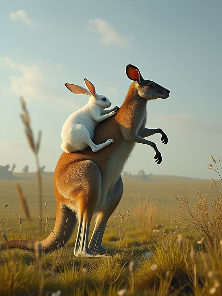  the white rabbit fell from the air and fell on the back of the kangaroo. grassland