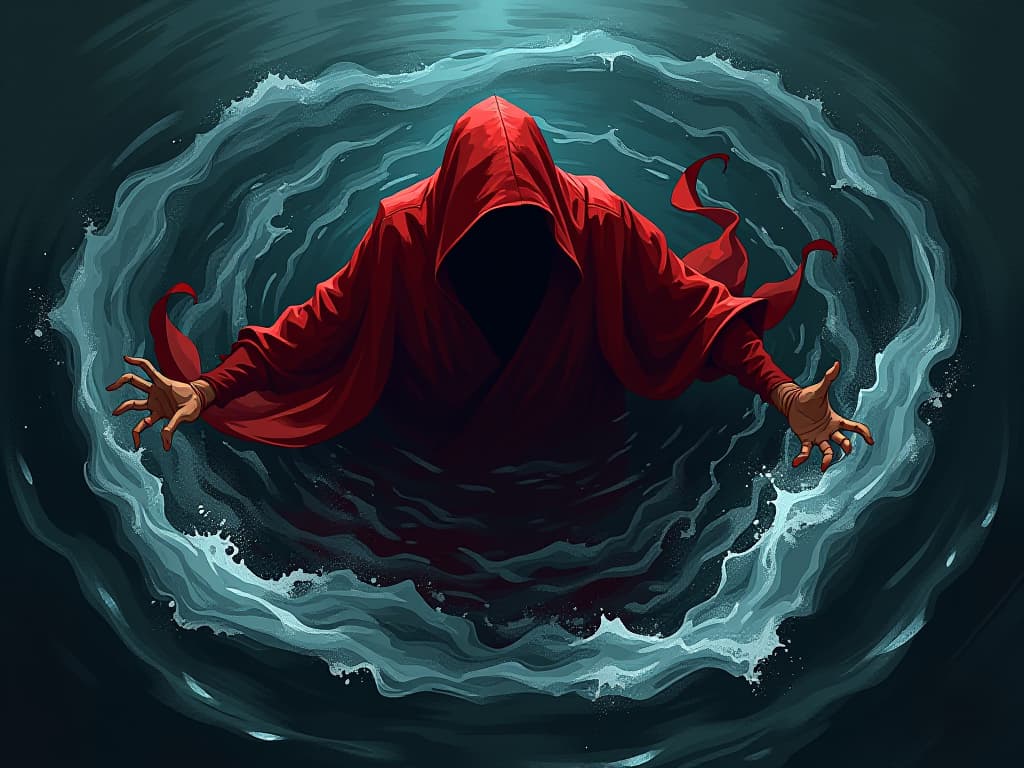  figure in red robe, tangled in dark, swirling waters, struggling to stay afloat, mood of moral conflict and entrapment. the style is digital art illustration / modern comic book / graphic dark novel fantasy and mysterious occult, symbolic, moody lighting, esoteric vibe,high detail on character design. for the color scheme emphasize blacks and reds.