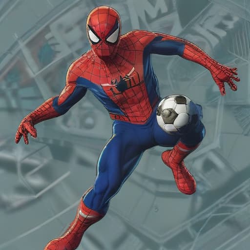 Crear imagen de cómic spider man con fútbol with Espacio background