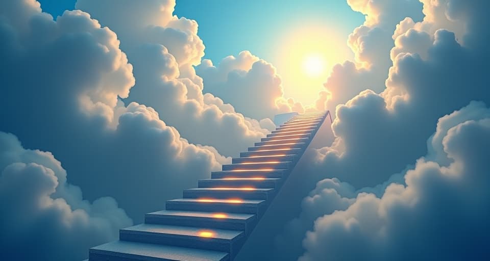  a mystical, ethereal staircase ascending into a cloud filled sky, each step glowing, symbolizing a journey towards divine mission, ascending and divine.. the style is digital art illustration,highly detailed, whimsical,magical, dreamlike atmosphere, realism and fantasy blend, smooth, glossy textures,luminous quality, wonder and enchantment.