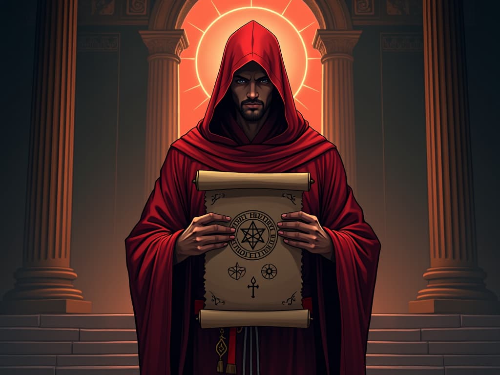  individual in red robe, holding scroll with symbols of forgiveness, backdrop of a temple, aura of personal growth and healing. the style is digital art illustration / modern comic book / graphic dark novel fantasy and mysterious occult, symbolic, moody lighting, esoteric vibe,high detail on character design. for the color scheme emphasize blacks and reds.