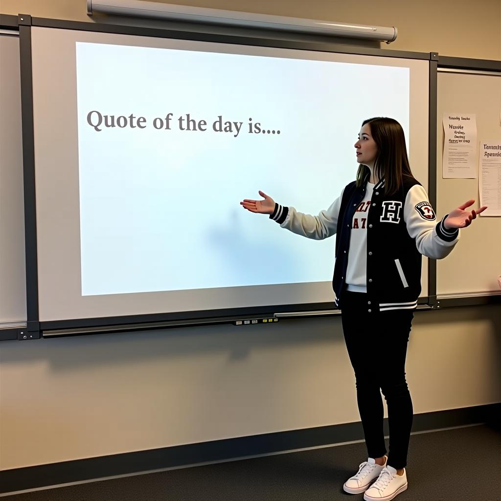  the image features a person, likely a student, standing in front of a large interactive whiteboard or smartboard in what appears to be a classroom. the individual is dressed in a varsity jacket with patches on the sleeves, black jeans, and sneakers. they are gesturing towards the screen with both arms extended, as if presenting something to the class. displayed on the whiteboard is a partially written phrase in a casual, handwritten style font: "quote of the day is..." the phrase seems to set the stage for a daily motivational or inspirational quote, though the actual quote isn't provided, leaving it open ended. in the background, there are some notes and papers posted on the classroom wall, adding to the academic setting. the overall mood