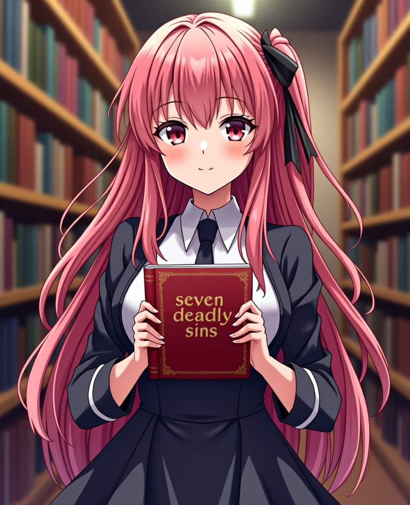  anime artwork a gorgeous woman in a bookstore holds a book with the words "seven deadly sins" on the cover . anime style, key visual, vibrant, studio anime, highly detailed