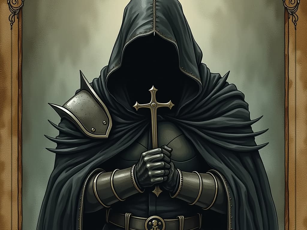  dark figure clad in shadowy armor, face obscured, protective stance, shadows swirling, air of defiance and secrecy. an illustration in the style of a worn, mystical old tarot trump card, mysterious and elements of surrealism. the colors are muted, somber and eerie, but with contrast bring out an occult and esoteric vibe.