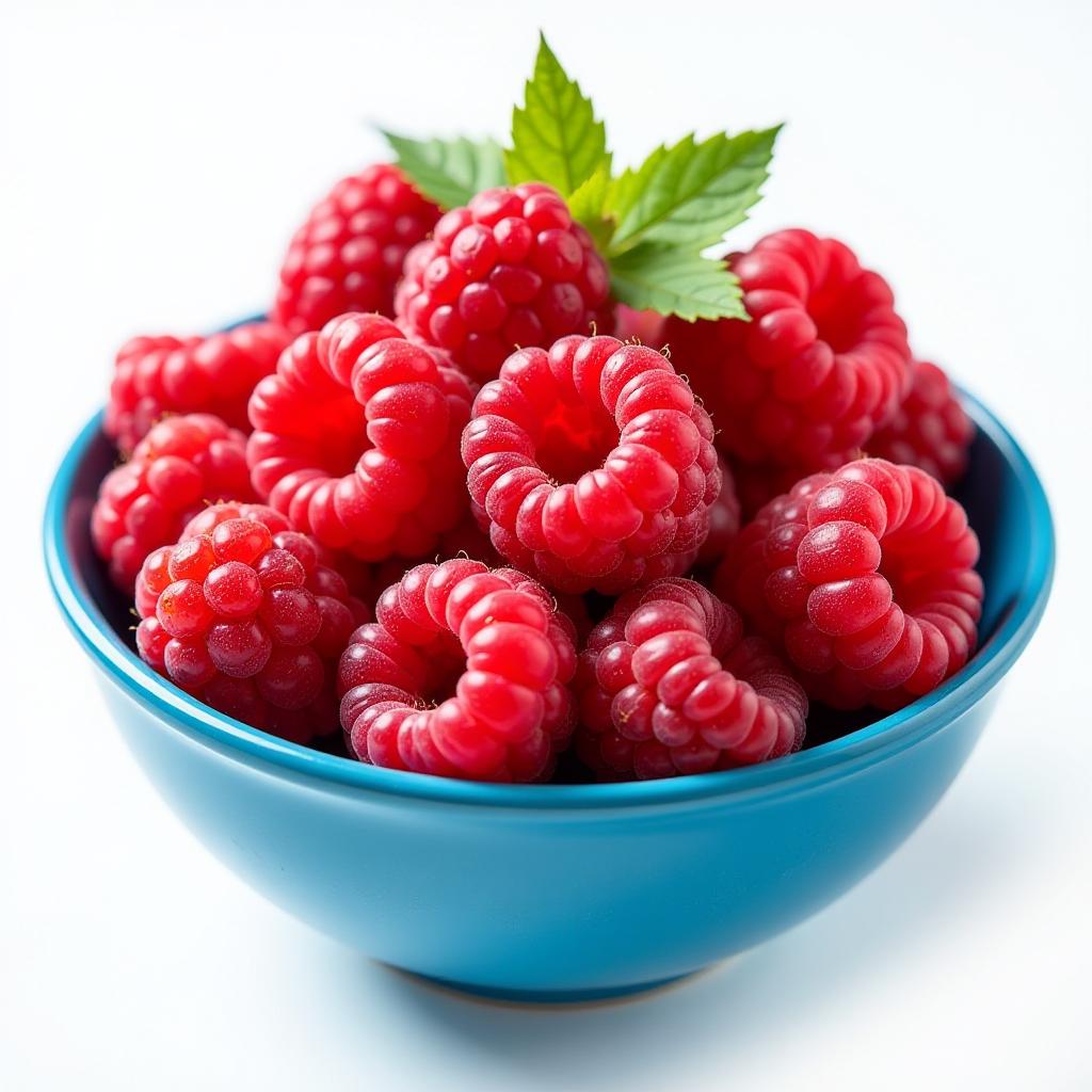  fresh raspberries in a blue bowl, isolated on white background, vibrant and juicy, vibrant, high quality, high details, hd, perfect composition, 4k epic detailed, highly detailed, sharp focus, high resolution