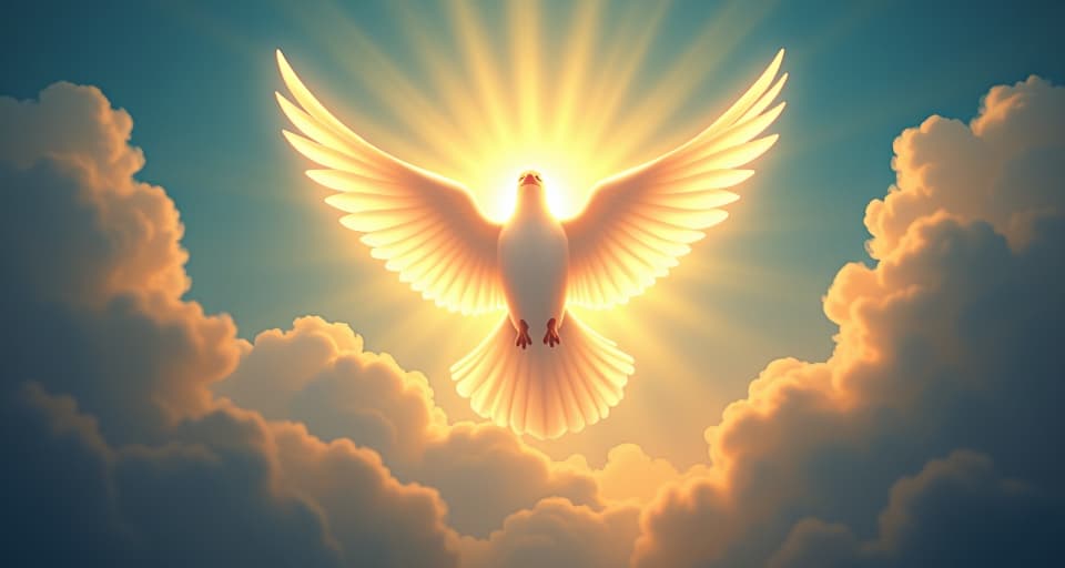  holy spirit depicted as a radiant dove, glowing brightly amidst a celestial landscape, carrying light beams, holy and reverent mood. the style is digital art illustration,highly detailed, whimsical,magical, dreamlike atmosphere, realism and fantasy blend, smooth, glossy textures,luminous quality, wonder and enchantment.