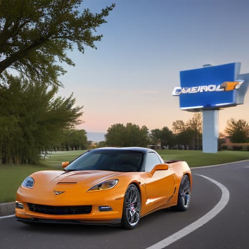 Chevrolet corvette On winding road with a Chevrolet dealership with Addison Chevrolet in the background