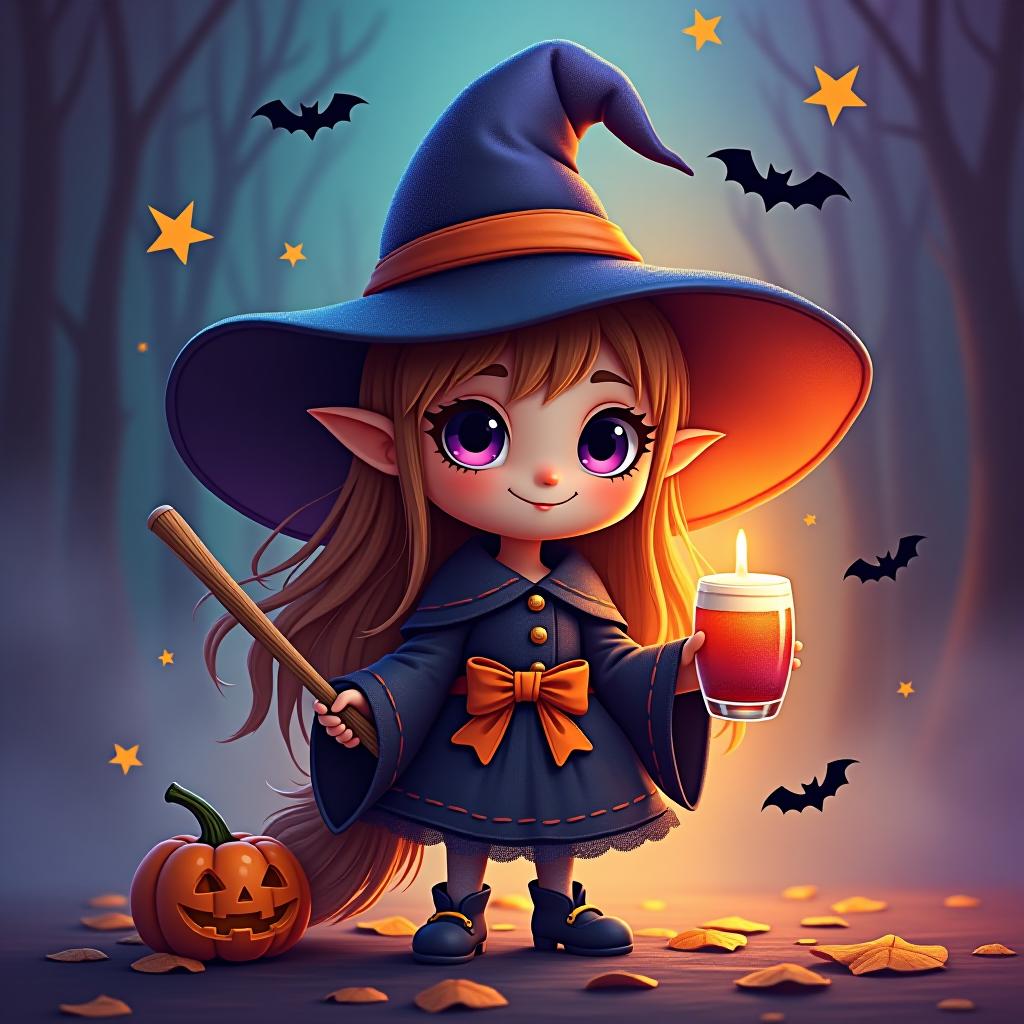  create a digital painting featuring a cute witch character. the witch should be wearing a hat. in one hand, the witch should hold a broomstick, and in the other hand, a halloween themed drink. the background should be colorful and include small black bats, pumpkins and stars to add a playful halloween touch. the overall style should be cute, whimsical, and colorful hyperrealistic, full body, detailed clothing, highly detailed, cinematic lighting, stunningly beautiful, intricate, sharp focus, f/1. 8, 85mm, (centered image composition), (professionally color graded), ((bright soft diffused light)), volumetric fog, trending on instagram, trending on tumblr, HDR 4K, 8K