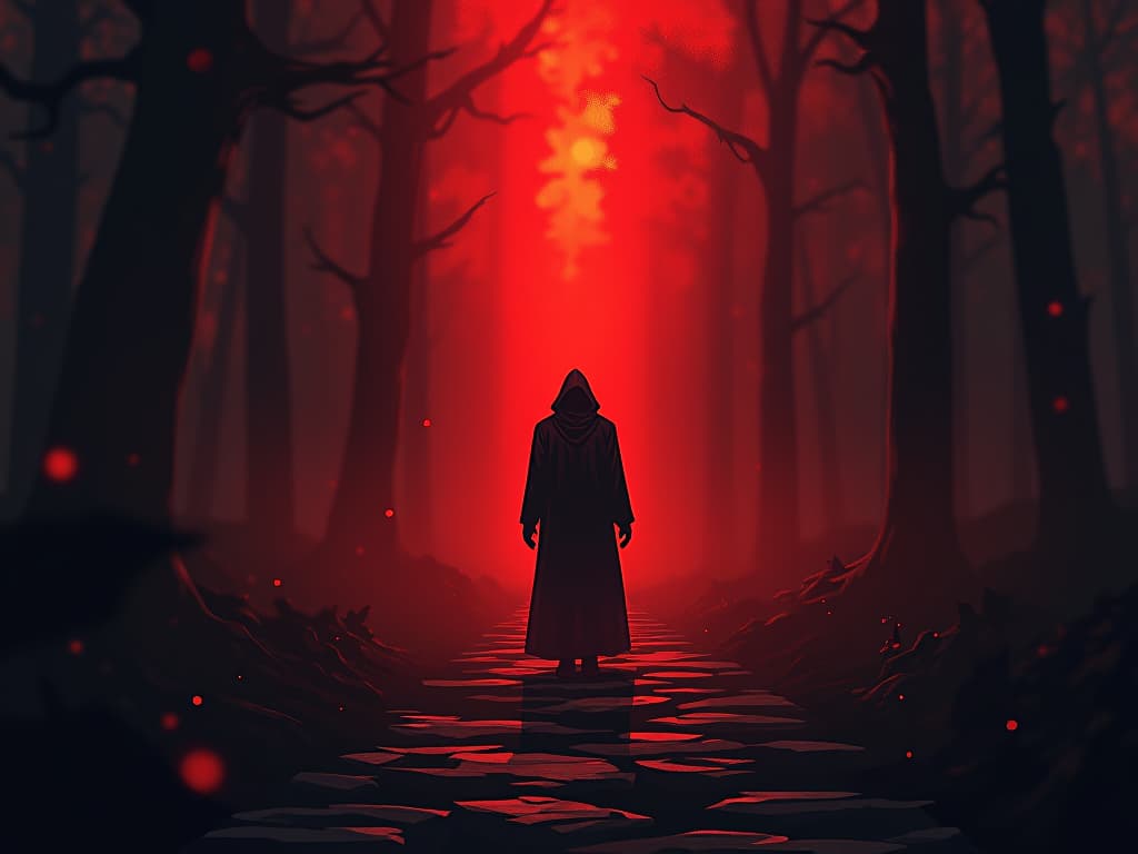  blurred radiant path, obscured by dark shadows, sense of hidden potential. the style is digital art illustration / modern comic book / graphic dark novel fantasy and mysterious occult, symbolic, moody lighting, esoteric vibe,high detail on character design. for the color scheme emphasize blacks and reds.