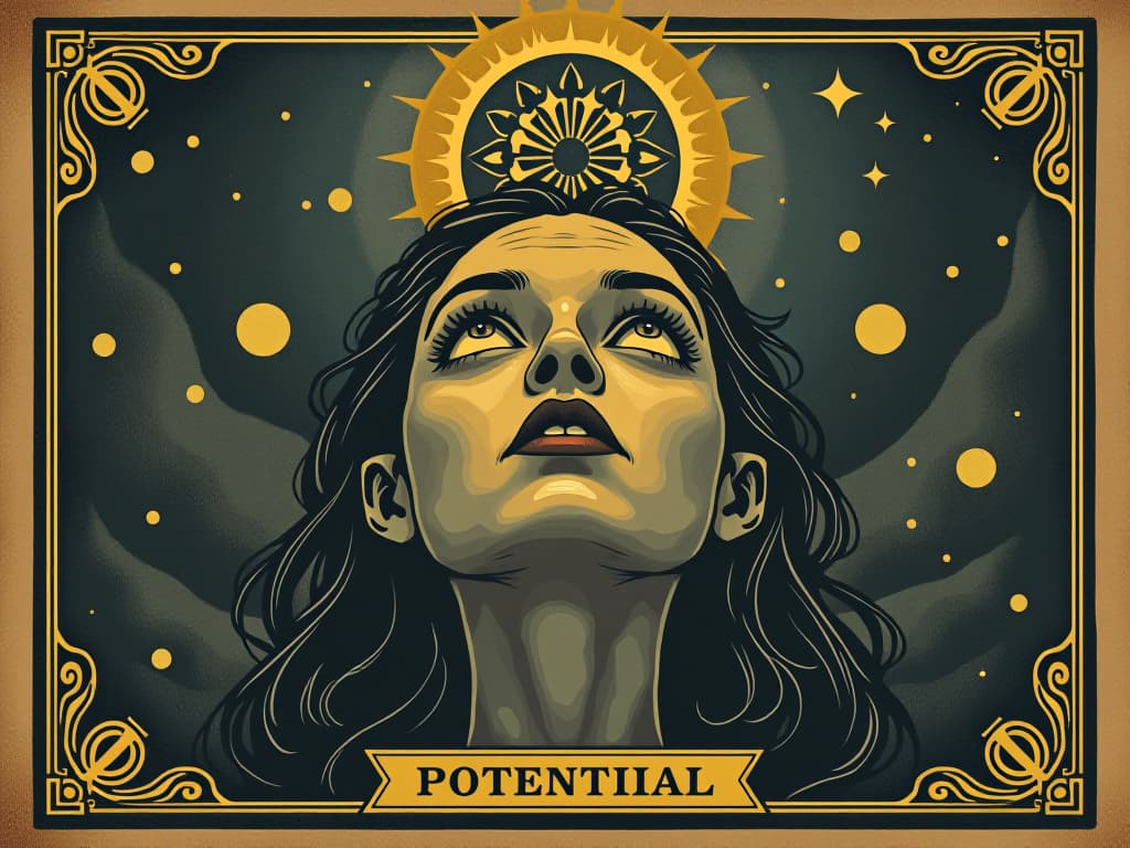  recognition of potential, eyes widening, dawning clarity, hopeful and empowered expressions, clear and bright inclination. an illustration in the style of a worn, mystical old tarot trump card, mysterious and elements of surrealism. the colors are muted, somber and eerie, but with contrast bring out an occult and esoteric vibe.