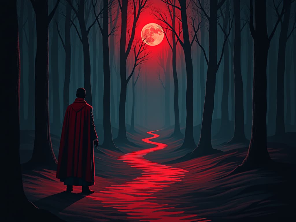  colleague in red tunic, crossroads in a dark forest, paths labeled 'deception' and 'truth', aura of choice and genuineness. the style is digital art illustration / modern comic book / graphic dark novel fantasy and mysterious occult, symbolic, moody lighting, esoteric vibe,high detail on character design. for the color scheme emphasize blacks and reds.