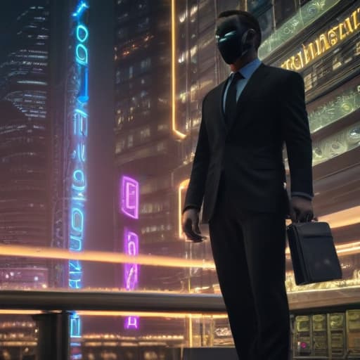 In a futuristic cityscape, a towering skyscraper made of black glass and steel looms overhead. Neon lights flicker and dance around the building, casting an eerie glow. At the base of the skyscraper, a shadowy figure in a sleek black suit stands, surrounded by stacks of money and high-tech gadgets. The figure's face is obscured by a mask adorned with intricate circuit patterns. The figure holds a briefcase overflowing with cash, while a digital display above them shows rapidly increasing numbers. The scene exudes a sense of power, wealth, and danger. fantastical creatures or characters inspired by mythology, folklore, or popular culture. use vibrant colors, sharp lines, intricate details, dynamic poses, dramatic lighting, atmospheric backgr