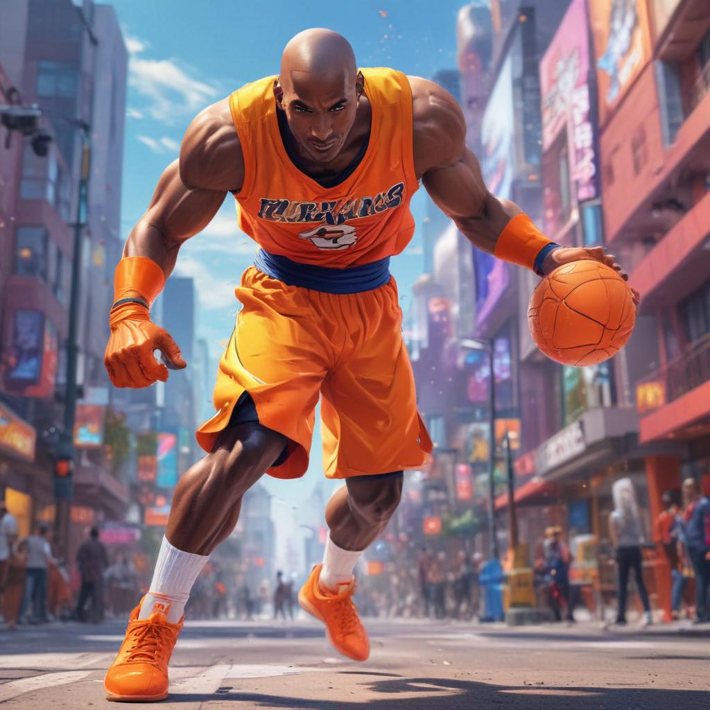 distance-shot, flashy, full-body, dynamic, holographic, animated cartoon poster of kobe scene in the style of dragon ball super