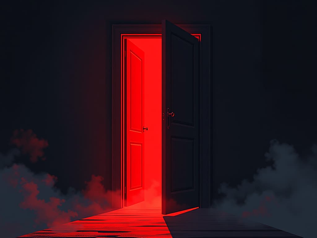  half open door with a glaring light, shadows creeping from the edges, sense of potential change and mysterious consequences. the style is digital art illustration / modern comic book / graphic dark novel fantasy and mysterious occult, symbolic, moody lighting, esoteric vibe,high detail on character design. for the color scheme emphasize blacks and reds.