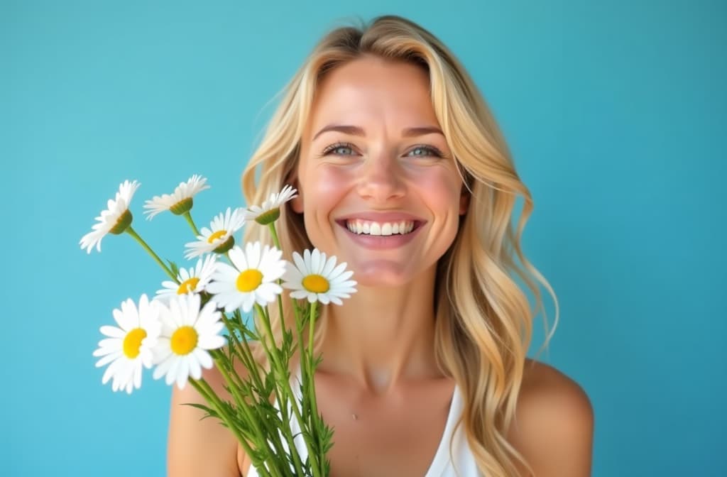  wide angle, happy woman, blonde hair, holds a bouquet of daisies, blue background ar 3:2 {prompt}, maximum details