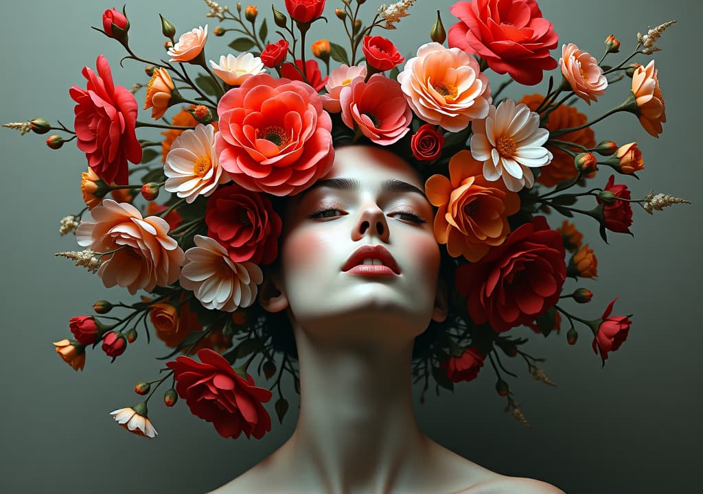  surreal portrait of person entwined with vibrant flowers