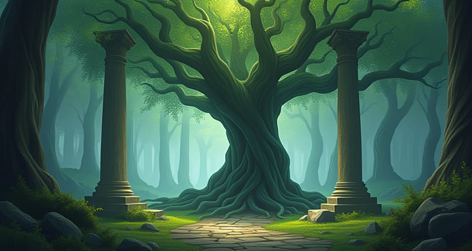  a majestic, enchanted tree with roots intertwining through ancient ruins. the atmosphere is timeless, symbolizing a truth echoing through ages.. the style is digital art illustration,highly detailed, whimsical,magical, dreamlike atmosphere, realism and fantasy blend, smooth, glossy textures,luminous quality, wonder and enchantment.