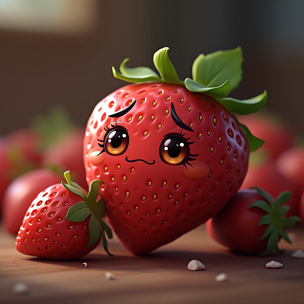  cute cartoon sad strawberry character, high quality, high details, hd, perfect composition, 4k epic detailed, highly detailed, sharp focus, high resolution