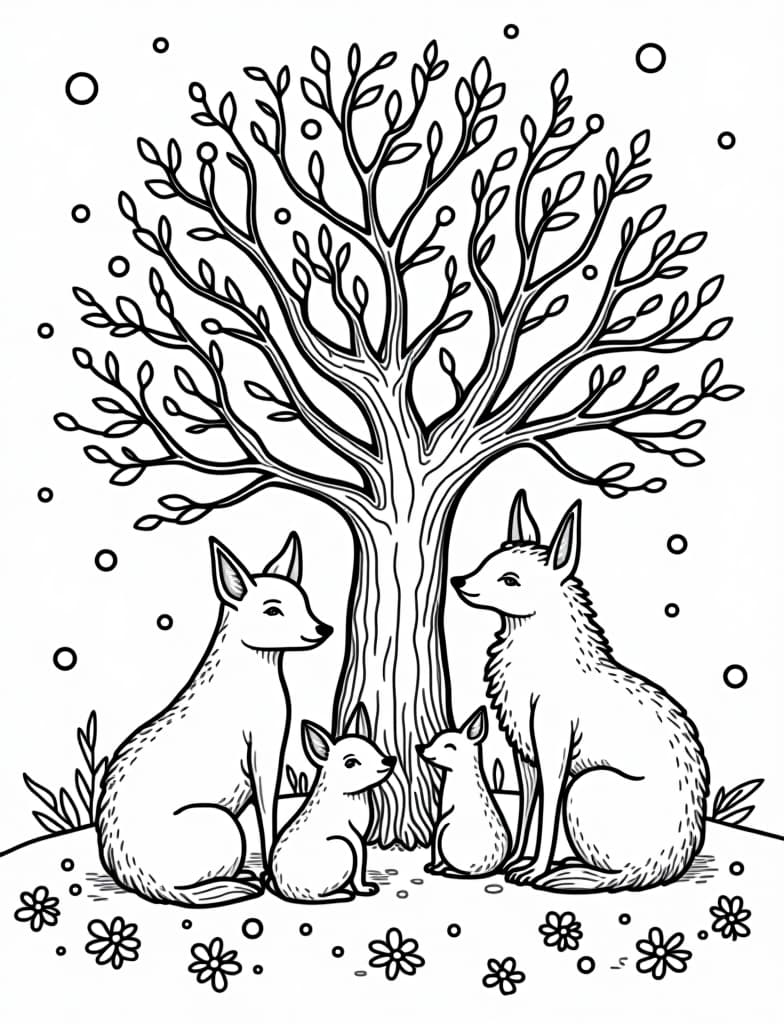  this is for an adult coloring page. a detailed black and white line art of a snowy woodland animals gathering around a tree decorated with berries on a solid white background.