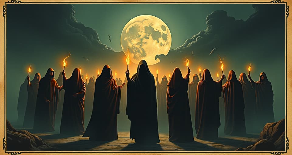  protective barrier, unified group against darkness, shining lights in hand, pressurized, communal defense, strength in numbers. an illustration in the style of a worn, mystical old tarot trump card, mysterious and elements of surrealism. the colors are muted, somber and eerie, but with contrast bring out an occult and esoteric vibe.