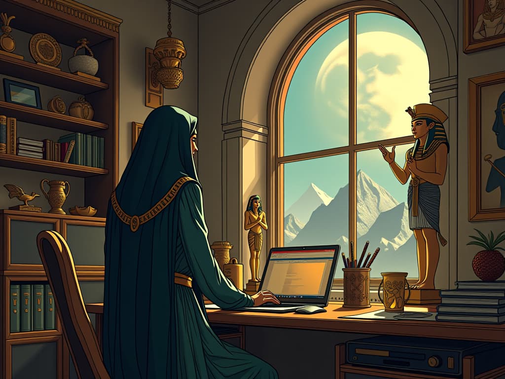  a modern workspace inspired by ancient egypt, golden statues and relics, neatly organized, soft lunar light through the window, music of inspiration, a place of creativity and purpose. the style is digital art illustration / modern comic book / mysterious occult, symbolic, esoteric vibe,high detail on character design, incorporating ancient egyptian symbology and attire.