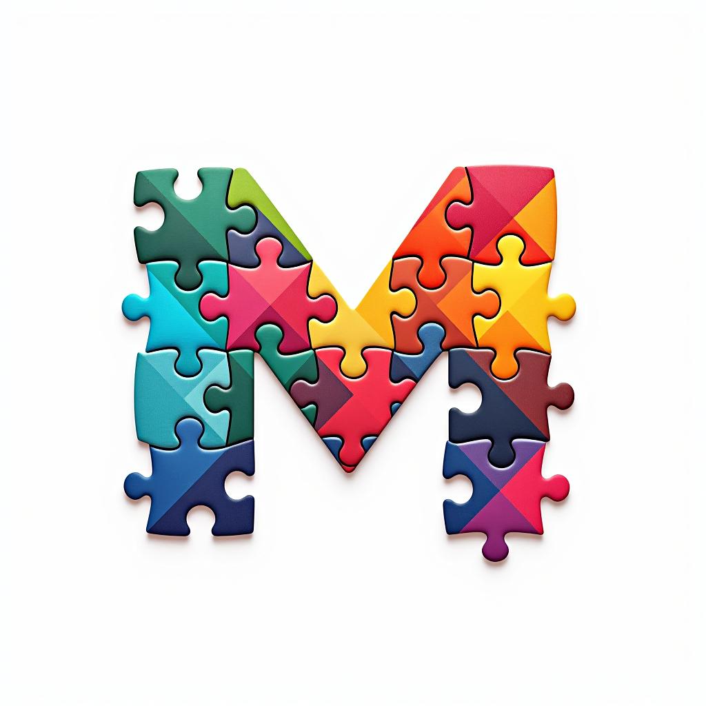  design a logo abstract logo of letter m from colored puzzles on white background.