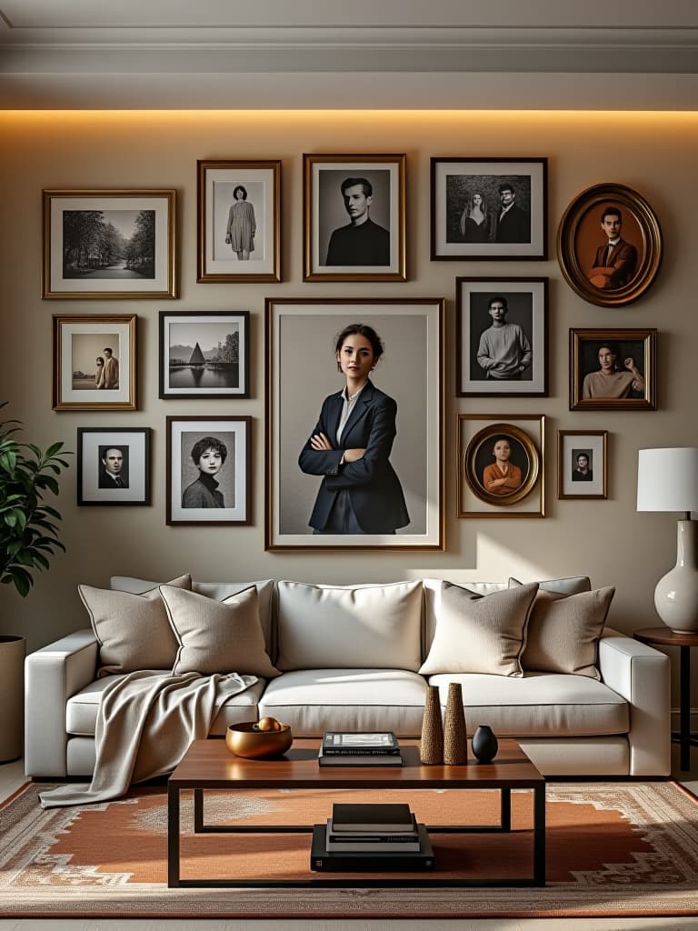  high quality portrait photo of a stunning living room with a large gallery wall featuring a mix of framed art, photographs, and decorative objects, arranged in an eye catching asymmetrical pattern against a neutral colored wall hyperrealistic, full body, detailed clothing, highly detailed, cinematic lighting, stunningly beautiful, intricate, sharp focus, f/1. 8, 85mm, (centered image composition), (professionally color graded), ((bright soft diffused light)), volumetric fog, trending on instagram, trending on tumblr, HDR 4K, 8K